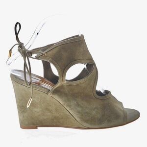 Aquazzura Sexy Thing Cut Out Suede Wedge Sandals Olive Truffle Sz 38.5 US 8.5-9